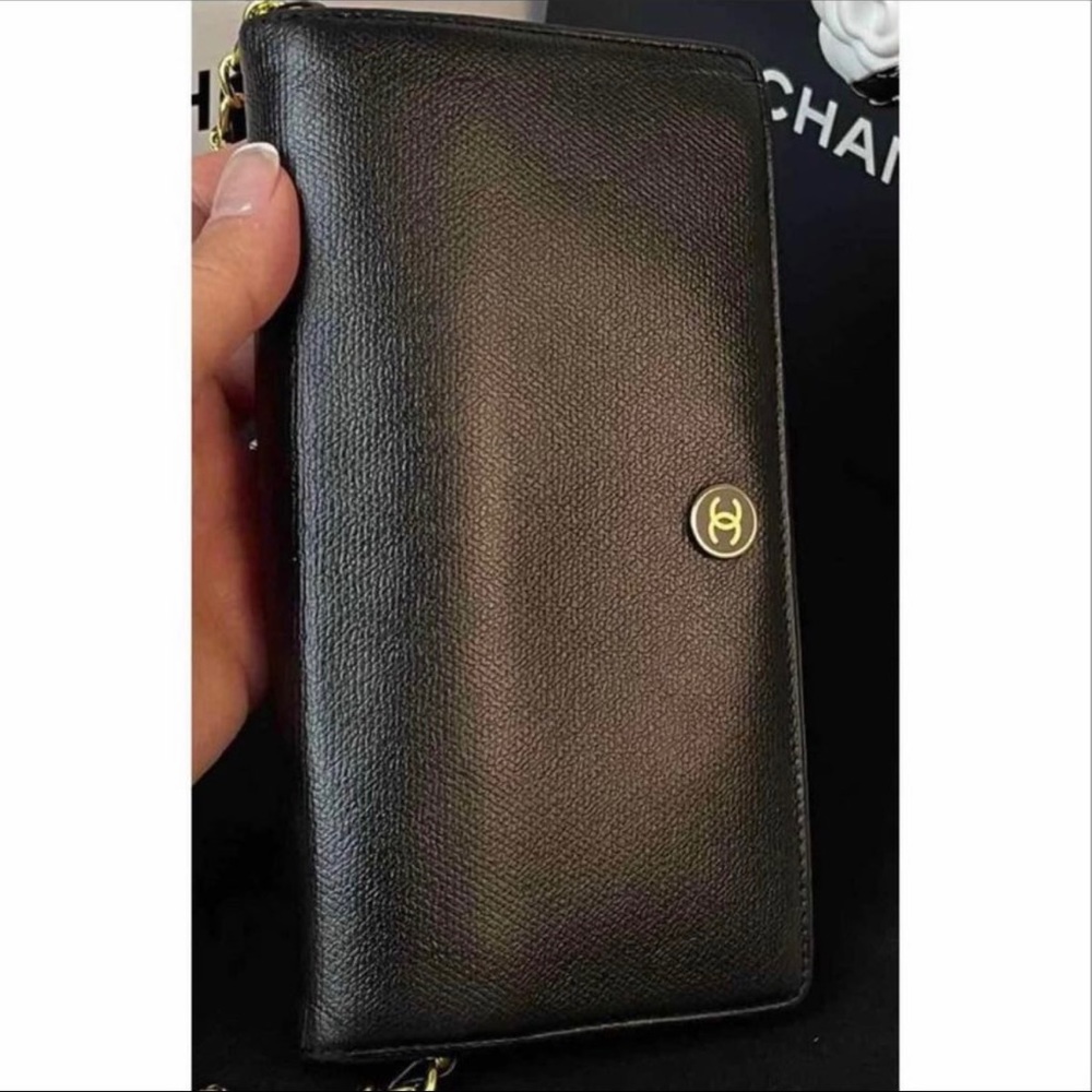 Authentic Chanel Coco Button Caviar Leather Bifold Long Wallet Crossbody